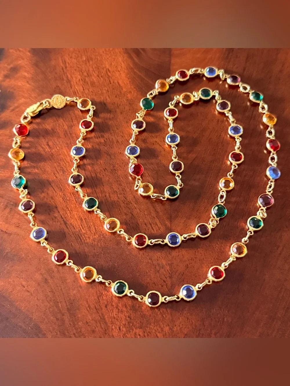 Vintage Austrian Crystal Multicolor Station Necklace; Gold Tone; Made in USA